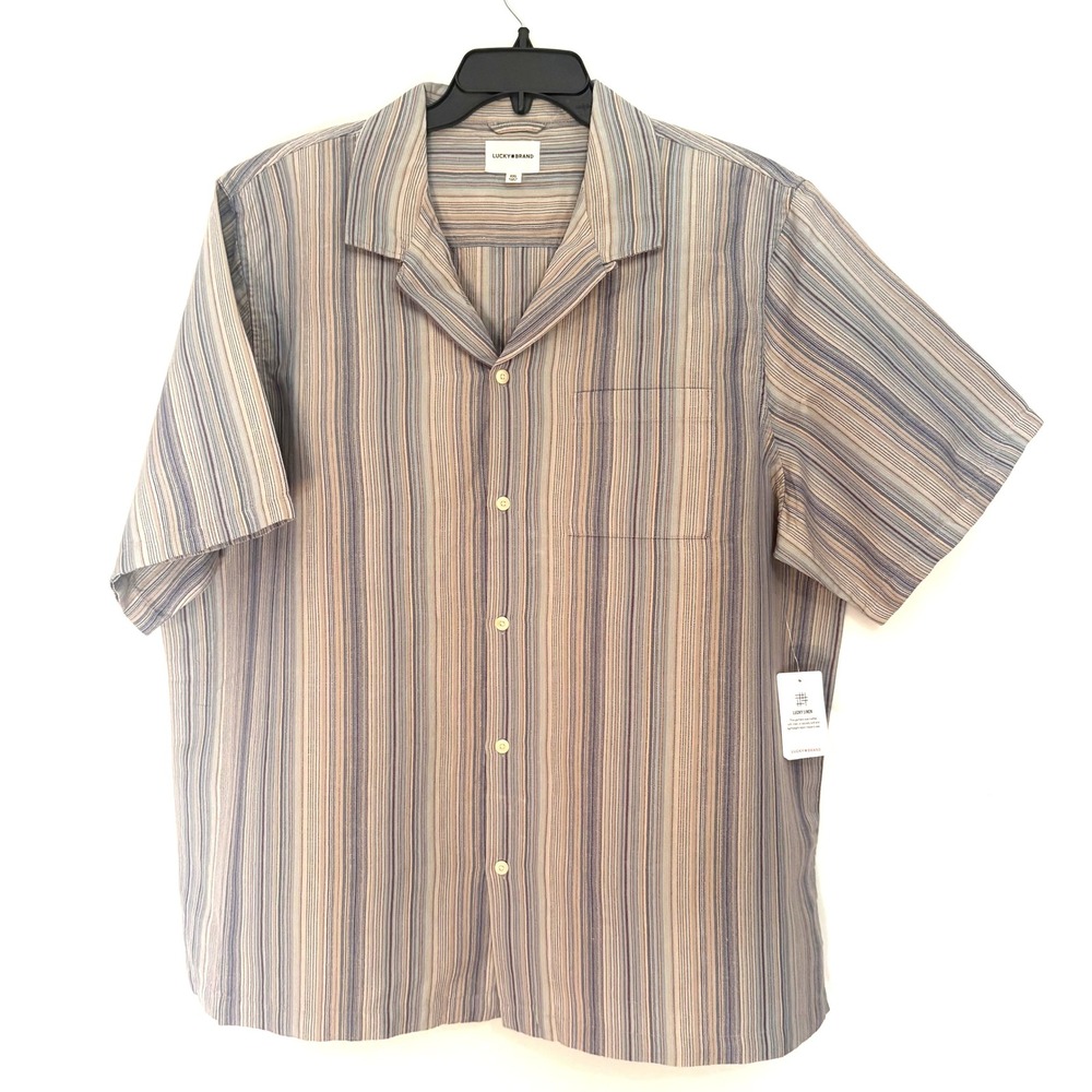 Lucky Brand Mens XXL Blue Multi Stripe Linen Blend Camp Collar Shirt NWT